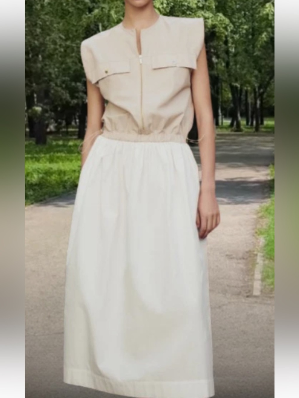 ZARA COMBINATION POPLIN WHITE/BEIGE DRESS SIZE  Xs  new w/o tag
